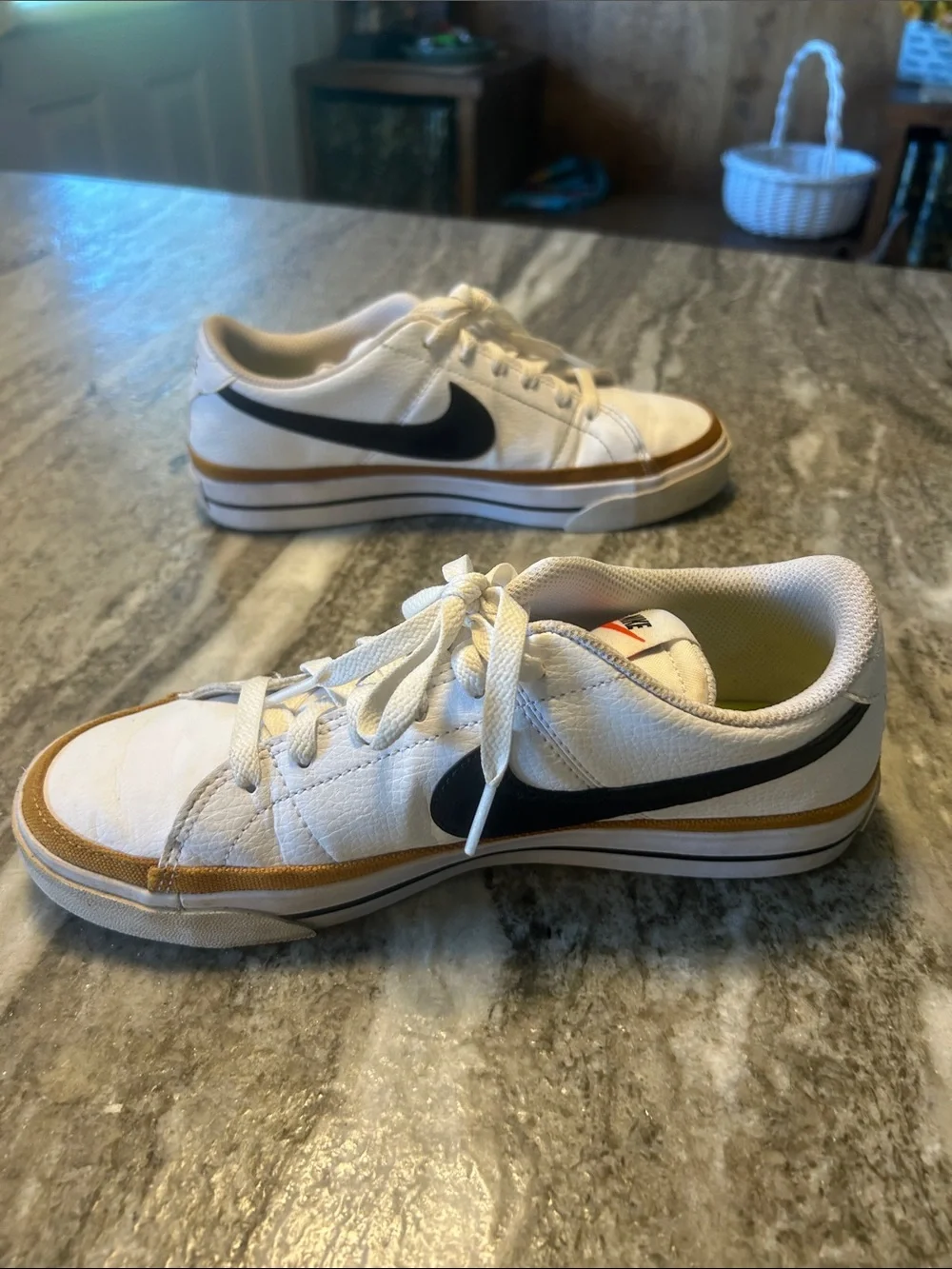 Nike Women’s White Sneakers with Black Swoosh and Brown Trim